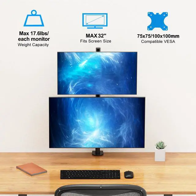 Alt view image 6 of 7 - Vertical Dual Monitor Stand, Stacked Monitor Mount for 2 Screen Max 32 inches, Computer Monitor Arm Holds up to 17.6 lbs Each, Height Adjustable, Swivel, Tilt Monitor Desk Mount, VESA 75/100