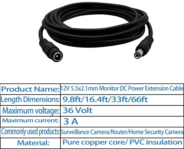 Alt view image 3 of 4 - 9.8ft 5.5×2.1mm DC Cable Black Male to Female DC Extension Cable | 12V DC Connectors for Security Cameras, Routers, and LED Strips