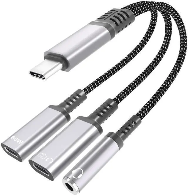 Main image of USB-C Splitter 1 in 3 Out USB C Headphone and Charging Adapter with Data - USB-C to 3.5mm Headphone Jack + Dual Type C for Audio & Charger Adapter, Support PD 60W Fast Charging, Call and Data Transfer