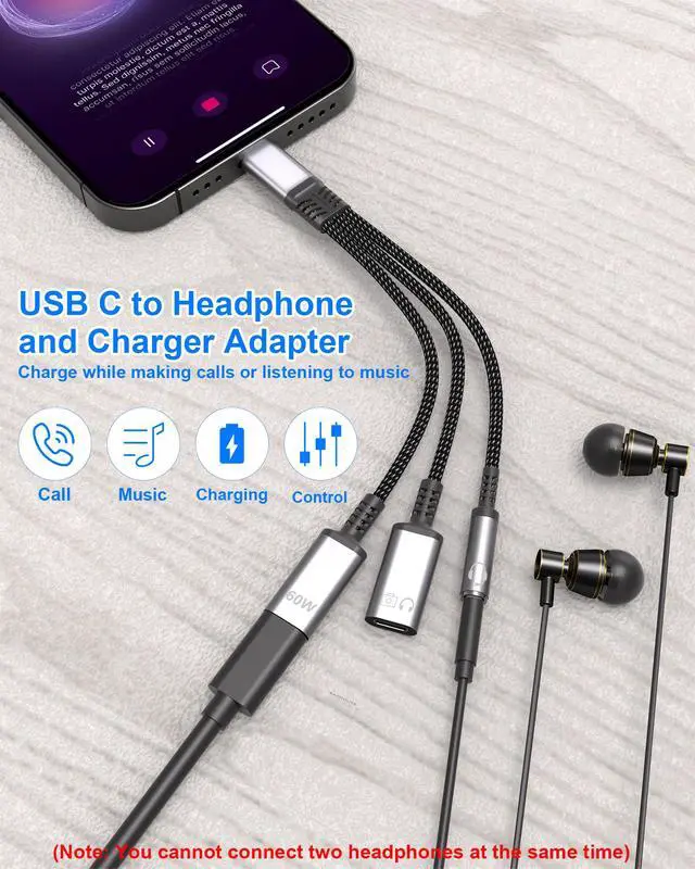 Alt view image 2 of 7 - USB-C Splitter 1 in 3 Out USB C Headphone and Charging Adapter with Data - USB-C to 3.5mm Headphone Jack + Dual Type C for Audio & Charger Adapter, Support PD 60W Fast Charging, Call and Data Transfer