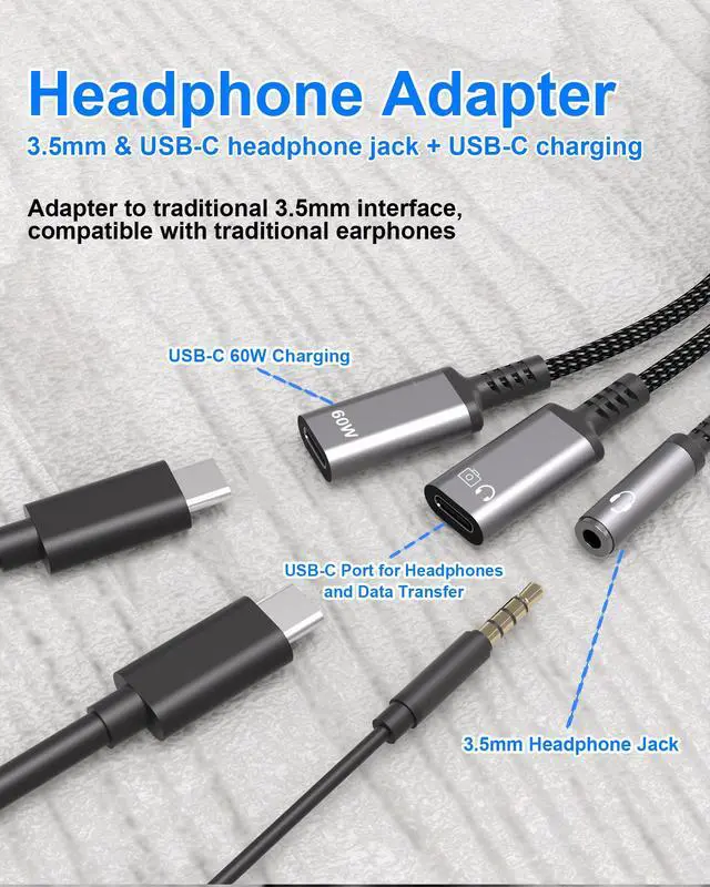 Alt view image 5 of 7 - USB-C Splitter 1 in 3 Out USB C Headphone and Charging Adapter with Data - USB-C to 3.5mm Headphone Jack + Dual Type C for Audio & Charger Adapter, Support PD 60W Fast Charging, Call and Data Transfer