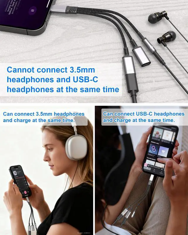 Alt view image 6 of 7 - USB-C Splitter 1 in 3 Out USB C Headphone and Charging Adapter with Data - USB-C to 3.5mm Headphone Jack + Dual Type C for Audio & Charger Adapter, Support PD 60W Fast Charging, Call and Data Transfer