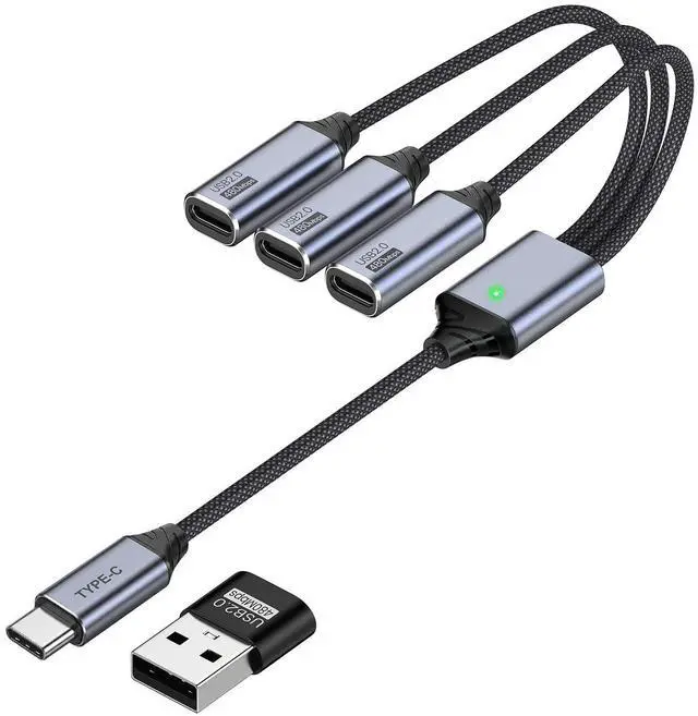 Main image of USB C Splitter 1 in 3 Out Cable - 10-Inch Short USB-C Female to 3 Type-C Male Cord with USB Adapter, Charging and Data Transfer for PC Flash Drive Keyboard Mouse