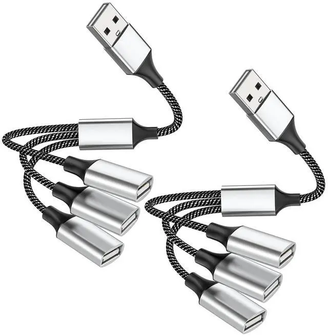 Main image of (2-Packs) USB Splitter Cable 1 to 3, USB 3 Way Splitter Hub Adapter 1 Male to 3 Female USB 2.0 Extension Cord for Charging & Data Transfer, Compatible with Laptop, PC, Tesla Model 3