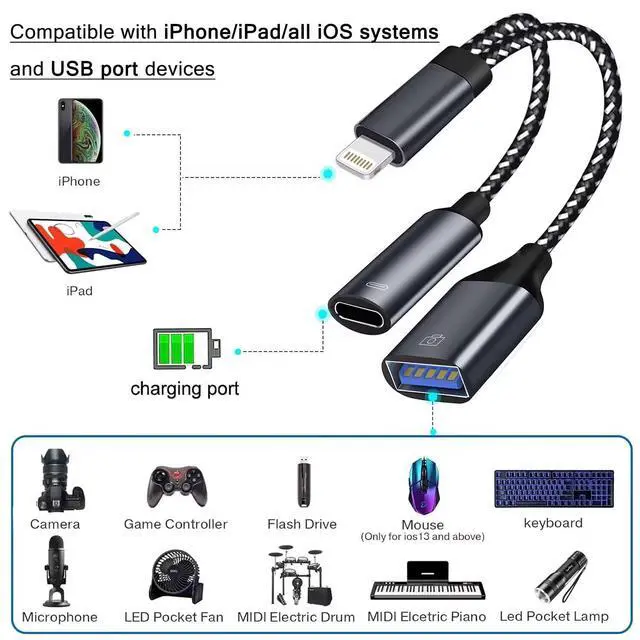 Alt view image 3 of 7 - USB 3.0 OTG Adapter for iPhone Connect U Flash Driver, USB Camera Adapter Compatible with iPhone iPad, 2 in 1 USB OTG Adapter with Charging Port Connect Camera, Card Reader, USB Flash Drive, Keyboard