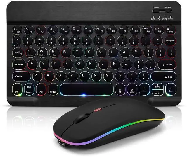 Main image of Ultra-Slim Lightweight Bluetooth Keyboard And Mouse Portable Wireless Keyboard Rechargeable 7-Color Backlit for Apple iPad iPhone Samsung Tablet iPhone Smartphone iOS Android Windows, Round Keys Black