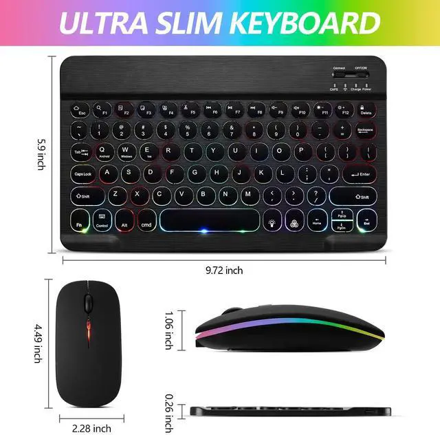 Alt view image 2 of 7 - Ultra-Slim Lightweight Bluetooth Keyboard And Mouse Portable Wireless Keyboard Rechargeable 7-Color Backlit for Apple iPad iPhone Samsung Tablet iPhone Smartphone iOS Android Windows, Round Keys Black