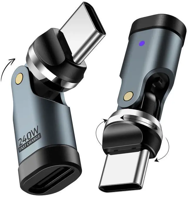 Main image of USB C 90 Degree Adapter, (2 Pack) PD 240W USB C Right Angle Adapter, Charging, Data Transfer, 360° & 180° Rotating Adaptor for iPhone 17/16/15, MacBook Pro, iPad, Galaxy, Tablet, Laptop, Gray