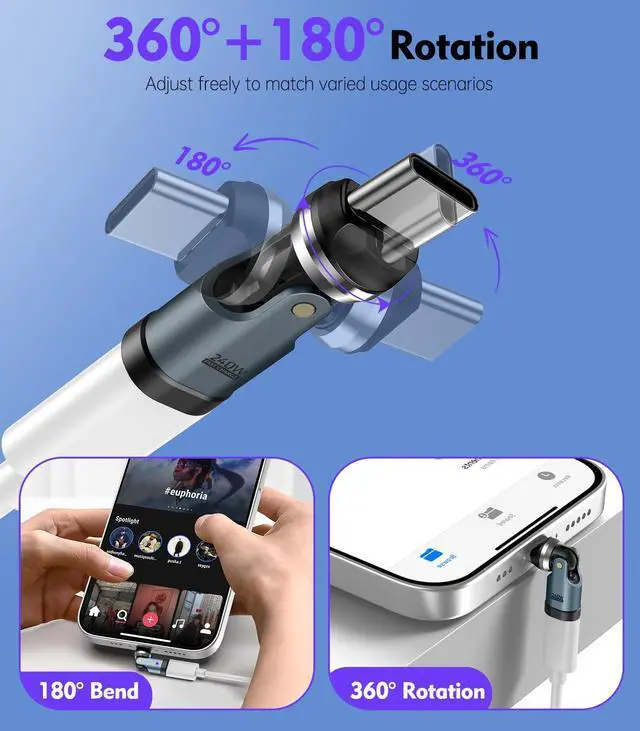 Alt view image 4 of 7 - USB C 90 Degree Adapter, (2 Pack) PD 240W USB C Right Angle Adapter, Charging, Data Transfer, 360° & 180° Rotating Adaptor for iPhone 17/16/15, MacBook Pro, iPad, Galaxy, Tablet, Laptop, Gray