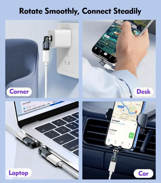 Alt view image 6 of 7 - USB C 90 Degree Adapter, (2 Pack) PD 240W USB C Right Angle Adapter, Charging, Data Transfer, 360° & 180° Rotating Adaptor for iPhone 17/16/15, MacBook Pro, iPad, Galaxy, Tablet, Laptop, Gray