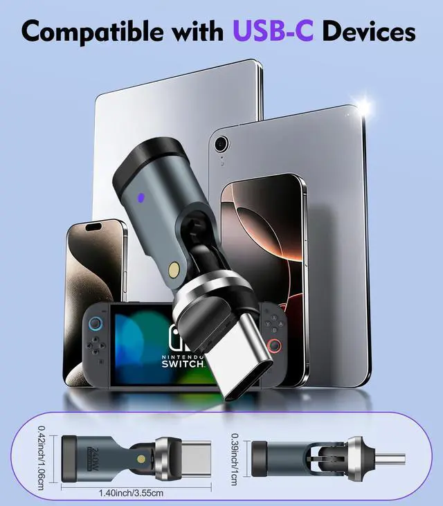 Alt view image 7 of 7 - USB C 90 Degree Adapter, (2 Pack) PD 240W USB C Right Angle Adapter, Charging, Data Transfer, 360° & 180° Rotating Adaptor for iPhone 17/16/15, MacBook Pro, iPad, Galaxy, Tablet, Laptop, Gray