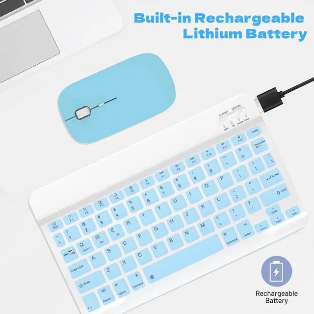 Alt view image 7 of 7 - Bluetooth Keyboard and Mouse Combo, Qwert Layout Universal Ultra-Slim Wireless Keyboard Mouse Set for Android Windows iPad iPhone Samsung Tablet Portable Compact Keyboard Set, Light Blue