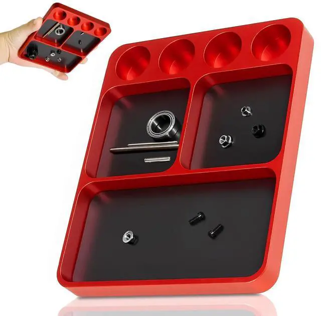 Main image of Magnet Tool Tray Aluminum Alloy Screw Tray with Tool Holder RC Parts Fixing for 1/10 RC Cars, Drones, Phone, Computer, Eyeglass, Electronic Multi-Compartment Anti-Loss Organizer Storage Box (Red