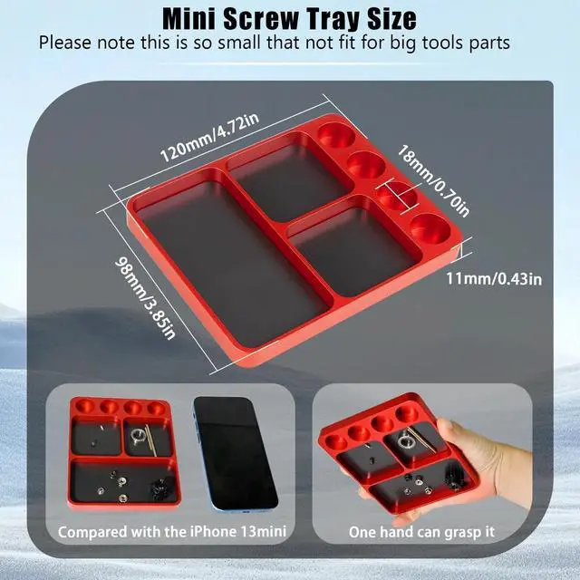 Alt view image 2 of 6 - Magnet Tool Tray Aluminum Alloy Screw Tray with Tool Holder RC Parts Fixing for 1/10 RC Cars, Drones, Phone, Computer, Eyeglass, Electronic Multi-Compartment Anti-Loss Organizer Storage Box (Red