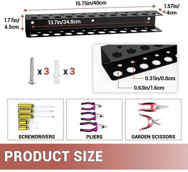 Alt view image 2 of 7 - Screwdriver Organizer, Steel Screwdriver Holder, Heavy Duty Garage Tool Organizer Wall Mount for Pliers Utility Storage Rack for Workspace, Workshop, Shed with 23 Holes (1 Pack)