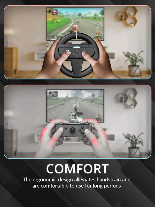 Alt view image 4 of 7 - Steering Wheels Compatible with Switch 2 (2025 Console) Twin Pack Racing Wheel Accessories for Joy-Con Controllers and MarioKart Racing Games (2 Black Wheels) Gift Boxed