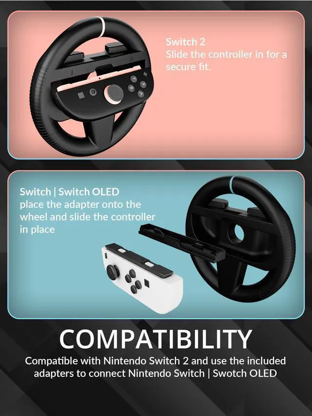 Alt view image 5 of 7 - Steering Wheels Compatible with Switch 2 (2025 Console) Twin Pack Racing Wheel Accessories for Joy-Con Controllers and MarioKart Racing Games (2 Black Wheels) Gift Boxed