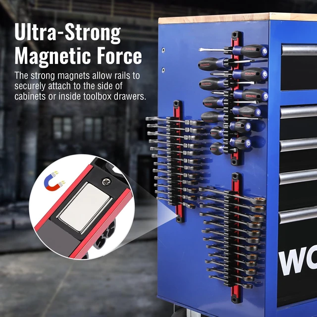 Alt view image 2 of 7 - Magnetic Screwdriver and Wrench Organizer Set, 36-Slot Tool Holders 3-Pack Aluminum Rails, Magnetic Force, Flexible High-Tension Tool Clips, For Tool Box Drawer & Wall-Mount Storage