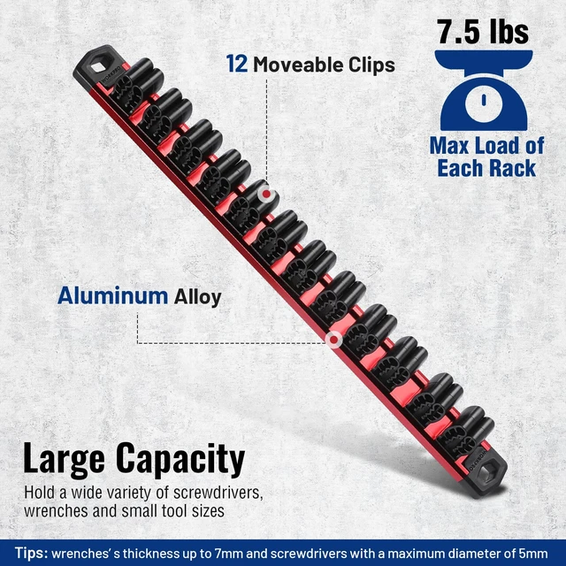 Alt view image 3 of 7 - Magnetic Screwdriver and Wrench Organizer Set, 36-Slot Tool Holders 3-Pack Aluminum Rails, Magnetic Force, Flexible High-Tension Tool Clips, For Tool Box Drawer & Wall-Mount Storage