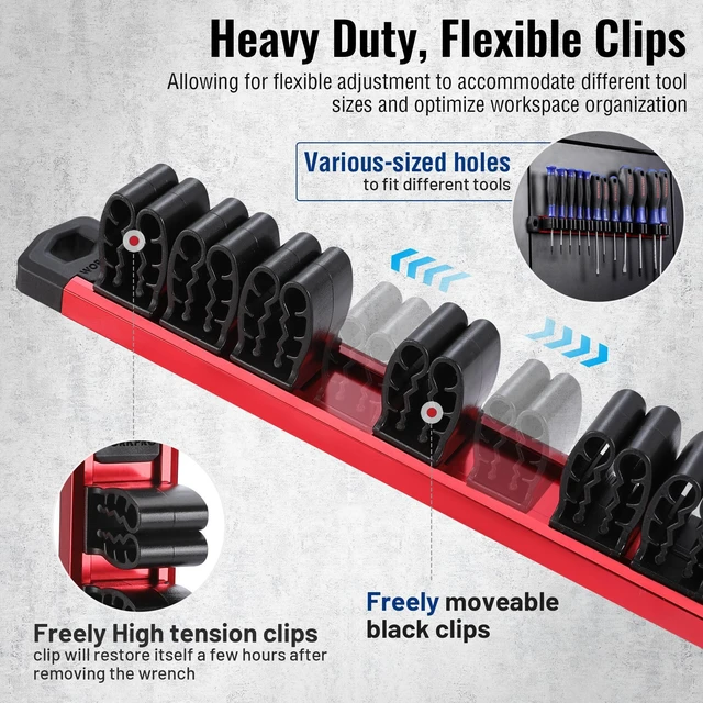 Alt view image 4 of 7 - Magnetic Screwdriver and Wrench Organizer Set, 36-Slot Tool Holders 3-Pack Aluminum Rails, Magnetic Force, Flexible High-Tension Tool Clips, For Tool Box Drawer & Wall-Mount Storage