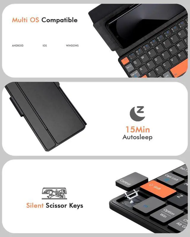 Alt view image 7 of 7 - Universal Bluetooth Mini Keyboard, Wireless Compact Keyboard with Orange Navigation Keys & Any-Angle Stand for Android/iOS/Windows, Dual-Device Keypad for Phones/Galaxy Z Fold/iPad mini