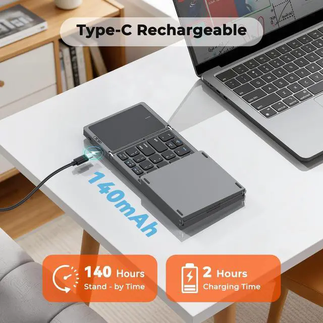 Alt view image 5 of 7 - Foldable Bluetooth Keyboard with Touchpad, Slim Portable, Gray