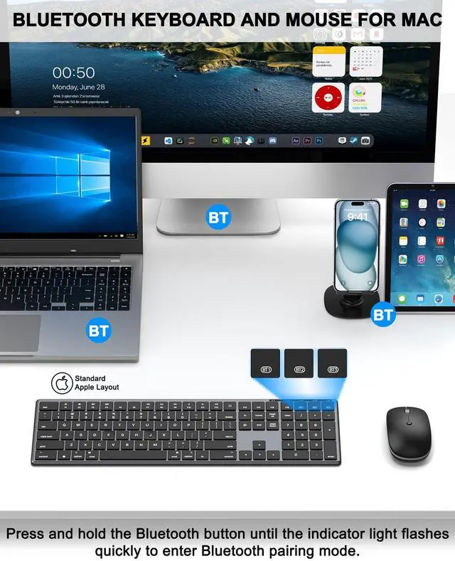 Alt view image 2 of 7 - Bluetooth Keyboard and Mouse Combo for Mac, Rechargeable Wireless Keyboard Mouse, Multi-Device Connection, Quiet Keys, Metal Frame, for Travel & Desk, Compatible with MacBook Pro/Air, iPad, iPhone