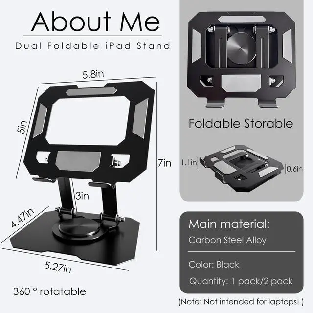 Alt view image 2 of 7 - Tablet Stand for iPad, 360° Rotating Desktop Holder, Carbon Steel Adjustable Foldable Desk Holder, for iPad Pro Air Samsung, for 4" -13" Tablets, Portable Home/Office, 2026 Upgraded - Black