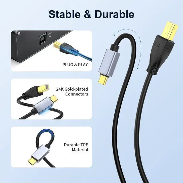 Alt view image 6 of 7 - USB C MIDI Cable, Type C to USB 2.0 MIDI Interface Cable for Midi Controller, Keyboard, Audio Interface for ipad, Samsung, Laptop, MacBook, 5FT USB B to USB C Printer Cable Black