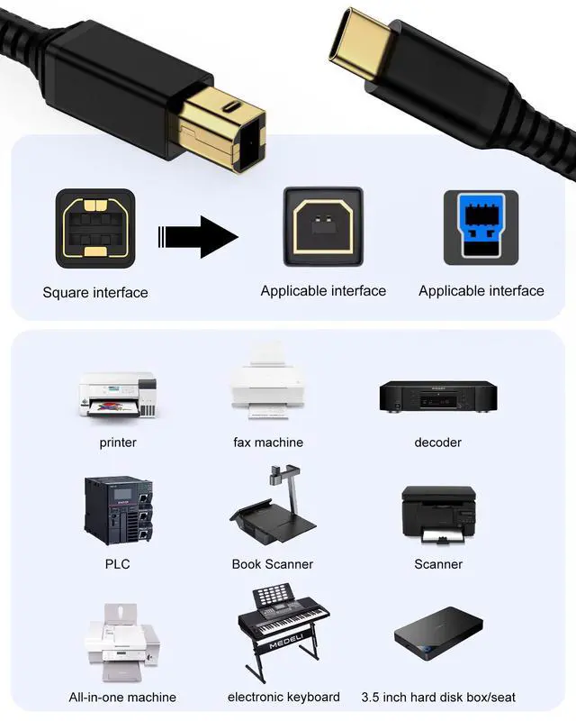 Alt view image 3 of 7 - USB C Printer Cable 6Feet, USB Type B 2.0 to Type C Scanner Printer Cord