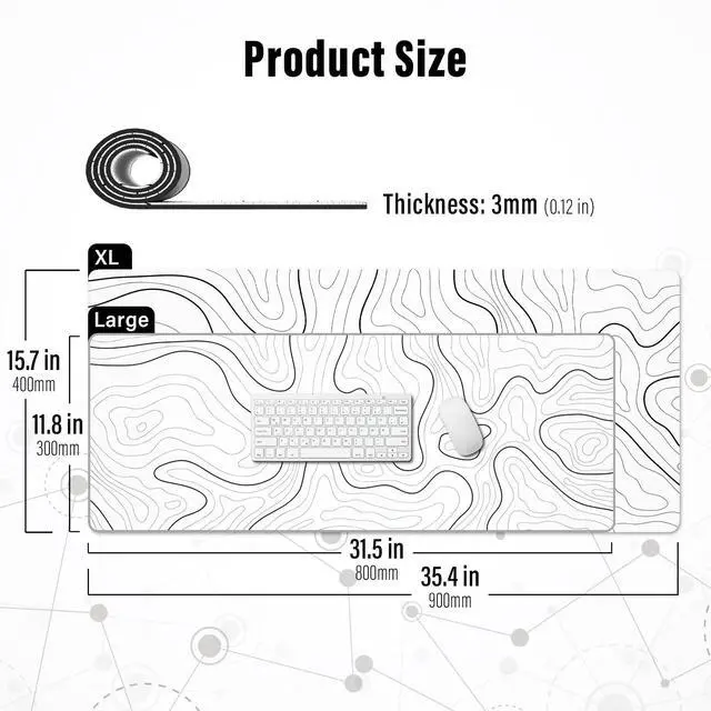 Alt view image 3 of 7 - Large Gaming Mouse Pad with Stitched Edges, Minimalist Topographic Map Desk Mat, Extended XL Mousepad with Anti-Slip Base, Cool Desk Pad for Keyboard and Mouse, 35.4 x 15.7 in, White