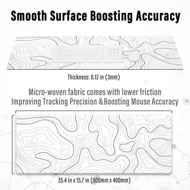 Alt view image 4 of 7 - Large Gaming Mouse Pad with Stitched Edges, Minimalist Topographic Map Desk Mat, Extended XL Mousepad with Anti-Slip Base, Cool Desk Pad for Keyboard and Mouse, 35.4 x 15.7 in, White