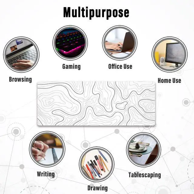 Alt view image 7 of 7 - Large Gaming Mouse Pad with Stitched Edges, Minimalist Topographic Map Desk Mat, Extended XL Mousepad with Anti-Slip Base, Cool Desk Pad for Keyboard and Mouse, 35.4 x 15.7 in, White