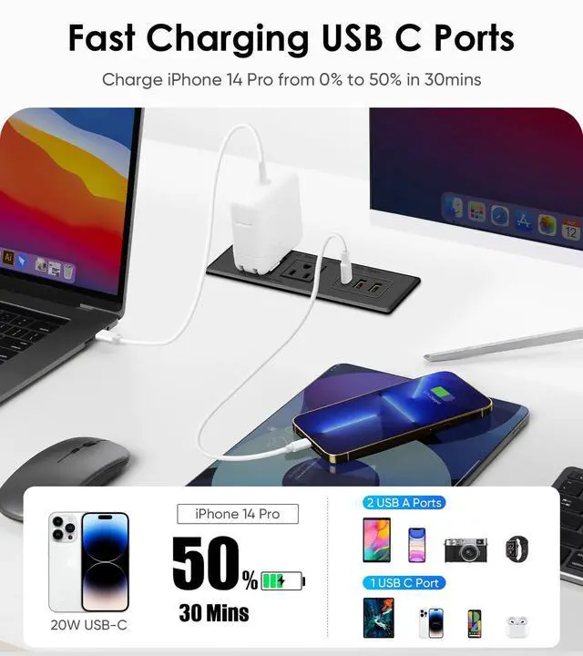 Alt view image 3 of 7 - Recessed Power Strip, Flush Mount, 20W USB-C, 45°Flat Plug, 6FT Cord