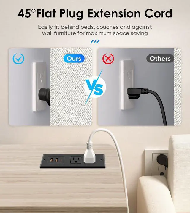 Alt view image 5 of 7 - Recessed Power Strip, Flush Mount, 20W USB-C, 45°Flat Plug, 6FT Cord
