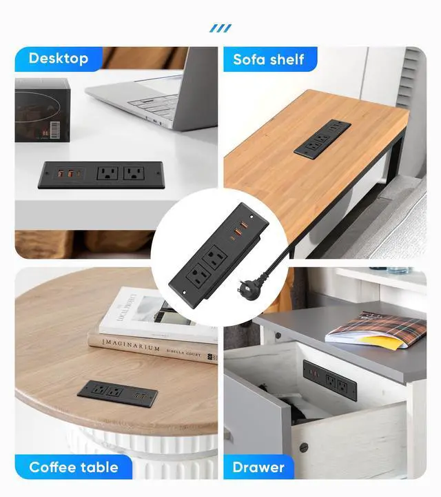 Alt view image 6 of 7 - Recessed Power Strip, Flush Mount, 20W USB-C, 45°Flat Plug, 6FT Cord