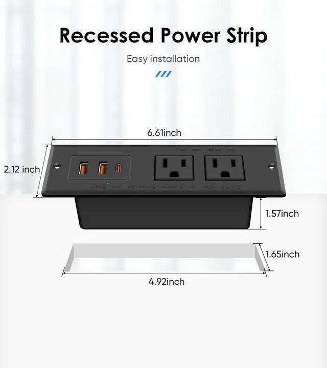 Alt view image 7 of 7 - Recessed Power Strip, Flush Mount, 20W USB-C, 45°Flat Plug, 6FT Cord