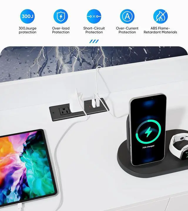 Alt view image 4 of 7 - Recessed Power Strip, Flush Mount, 20W USB-C, 45°Flat Plug, 6FT Cord
