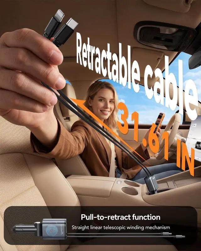 Alt view image 2 of 7 - Retractable Car Charger,Car Phone Charger USB C Fast Charge,Cigarette Lighter USB Charger Car Accessories for Women,Road Trip Essentials Gift for Men,Car Charger for iPhone 17/16/15,Galaxy S26,Pixel