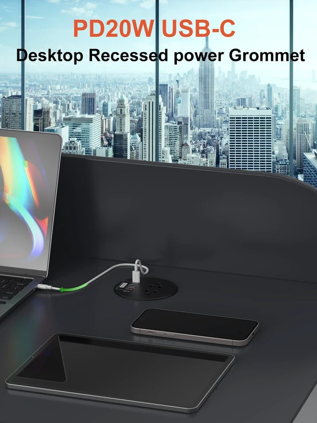 Alt view image 3 of 6 - 3 Inch Desk Power Grommet, 20W USB C 2 AC Outlets for Home&Office 3'' Desk Hole,4 USB Ports,Fast Charging,6.6 ft Extension Cord,Black