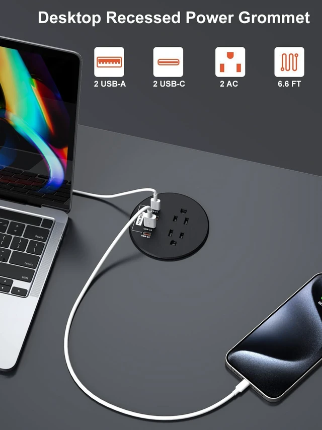 Alt view image 2 of 6 - 3 Inch Desk Power Grommet, 20W USB C 2 AC Outlets for Home&Office 3'' Desk Hole,4 USB Ports,Fast Charging,6.6 ft Extension Cord,Black