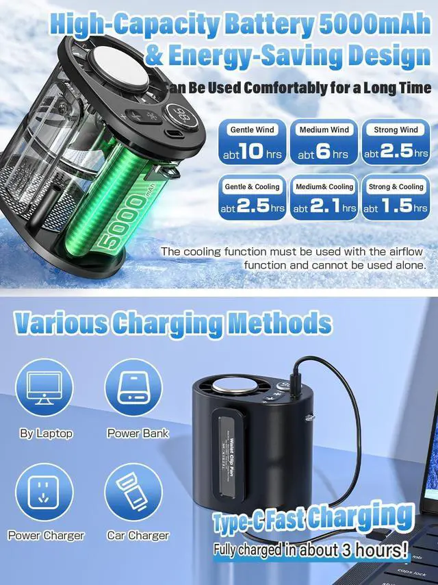 Alt view image 3 of 7 - Waist Worn Fan Belt Fan Waist Fan Cooling Handheld Fan Cooling Plate 100-Level Wind Speed Adjustment LED Display Type-C Fast Charging Neck-Worn Handheld Desktop Outdoor Work Construction Gift (black)