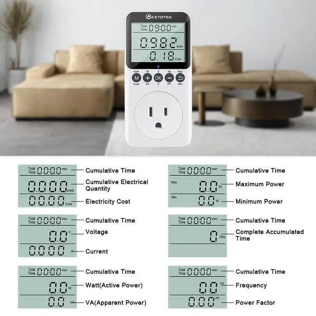 Alt view image 4 of 7 - Watt Meter Plug-in Socket Power Meter, Kilowatt Wattage Voltage Tester, Home Electricity Usage Monitor with Overload Protection, LCD Display Energy Voltage Amps Power Consumption Monitor