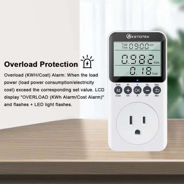 Alt view image 5 of 7 - Watt Meter Plug-in Socket Power Meter, Kilowatt Wattage Voltage Tester, Home Electricity Usage Monitor with Overload Protection, LCD Display Energy Voltage Amps Power Consumption Monitor