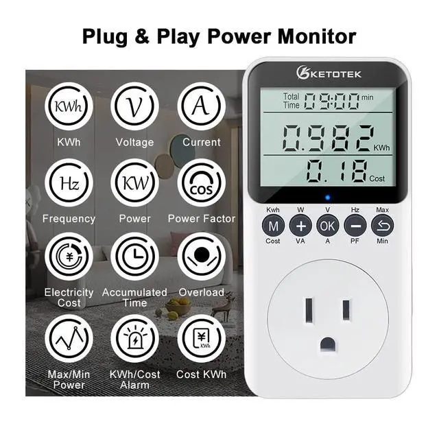 Alt view image 2 of 7 - Watt Meter Plug-in Socket Power Meter, Kilowatt Wattage Voltage Tester, Home Electricity Usage Monitor with Overload Protection, LCD Display Energy Voltage Amps Power Consumption Monitor