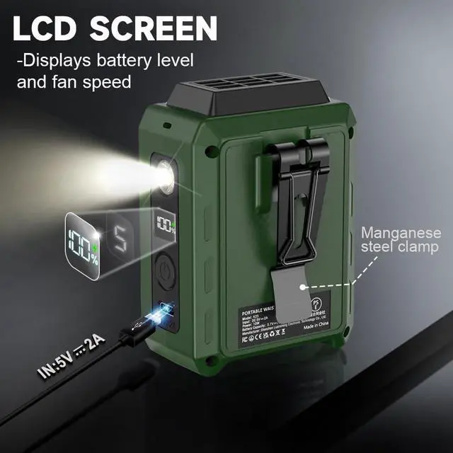 Alt view image 3 of 6 - Wearable Waist Clip Fan with Lighting Desktop Stand 16000rpm Runtime upto 20 hours (5000mAh / Green)