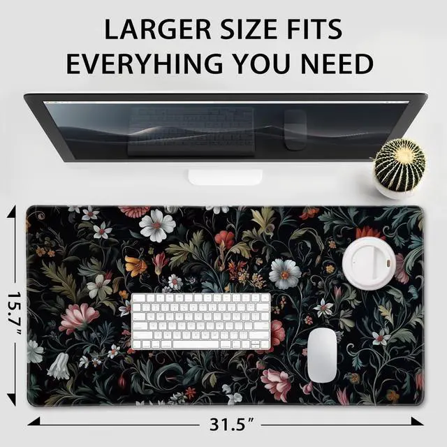 Alt view image 4 of 5 - Dark Floral Pattern Large Gaming Mouse Pad 31.5"x15.7"XXL Desk Mat, Non-Slip Rubber Base & Stitched Edges - Extended Waterproof Mousepad for PC/Laptop/Office/Home Decor
