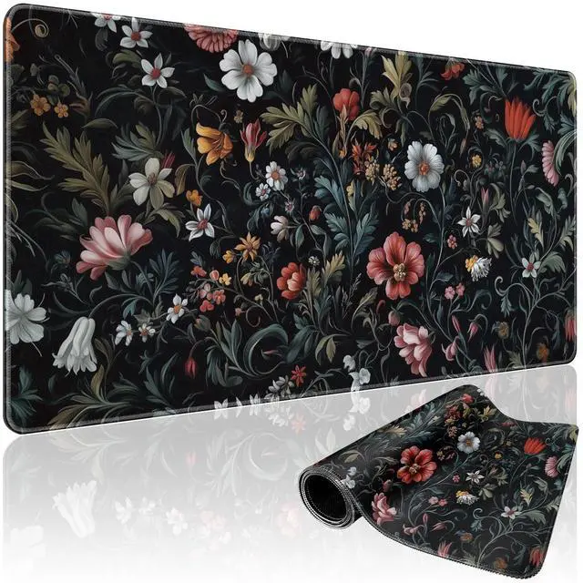 Main image of Dark Floral Pattern Large Gaming Mouse Pad 31.5"x15.7"XXL Desk Mat, Non-Slip Rubber Base & Stitched Edges - Extended Waterproof Mousepad for PC/Laptop/Office/Home Decor