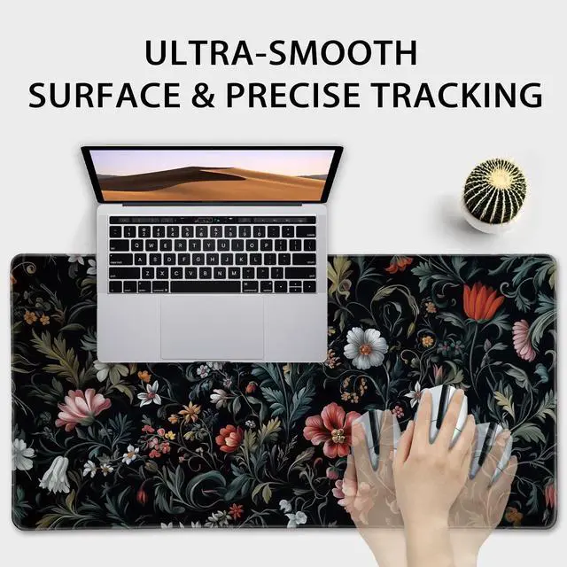 Alt view image 5 of 5 - Dark Floral Pattern Large Gaming Mouse Pad 31.5"x15.7"XXL Desk Mat, Non-Slip Rubber Base & Stitched Edges - Extended Waterproof Mousepad for PC/Laptop/Office/Home Decor
