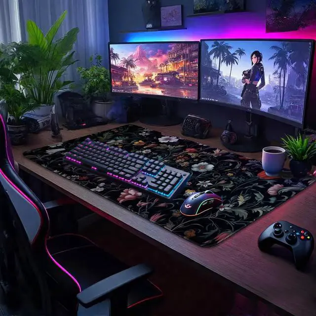 Alt view image 2 of 5 - Dark Floral Pattern Large Gaming Mouse Pad 31.5"x15.7"XXL Desk Mat, Non-Slip Rubber Base & Stitched Edges - Extended Waterproof Mousepad for PC/Laptop/Office/Home Decor